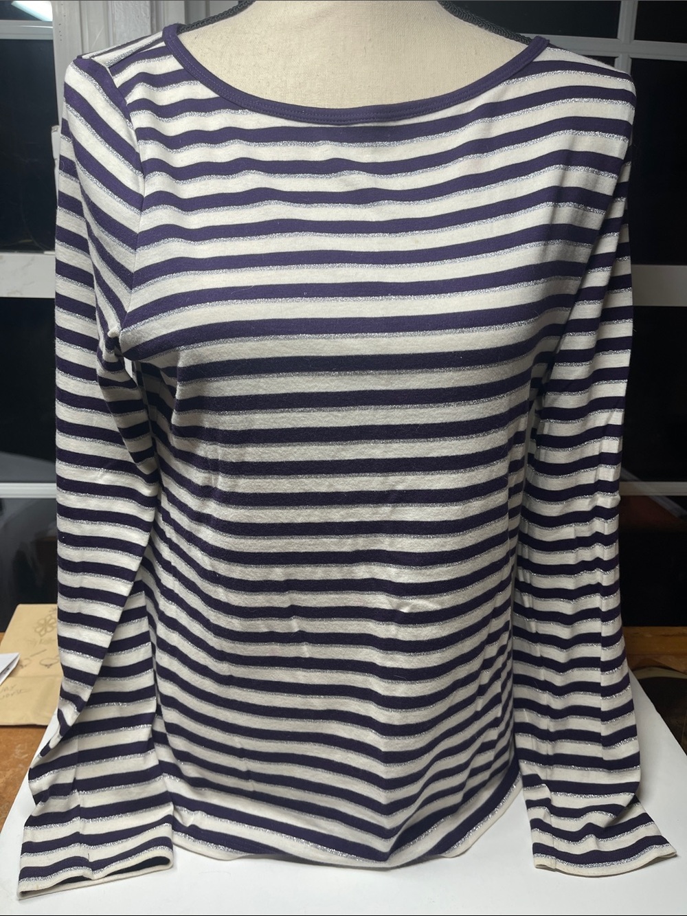Talbots navy blue and white and silver striped long-sleeve knit top